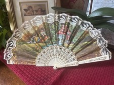 Vintage Plastic Folding Fan Lace With Romantic Victorian Scene