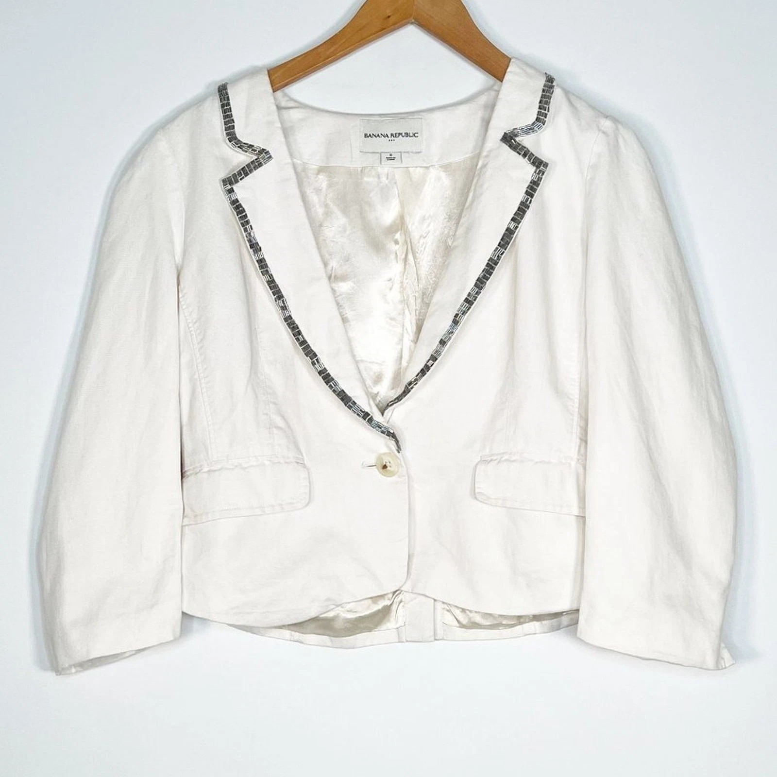 OFF WHITE Giacca Banana Republic bianco sporco lino paillettes cropped collo smoking