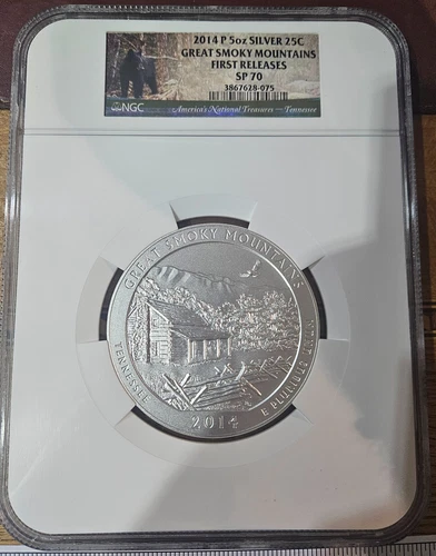 2014-P 5oz silver 25C Great Smoky Mountains ATB F.R. NGC SP70 NO RESERVE