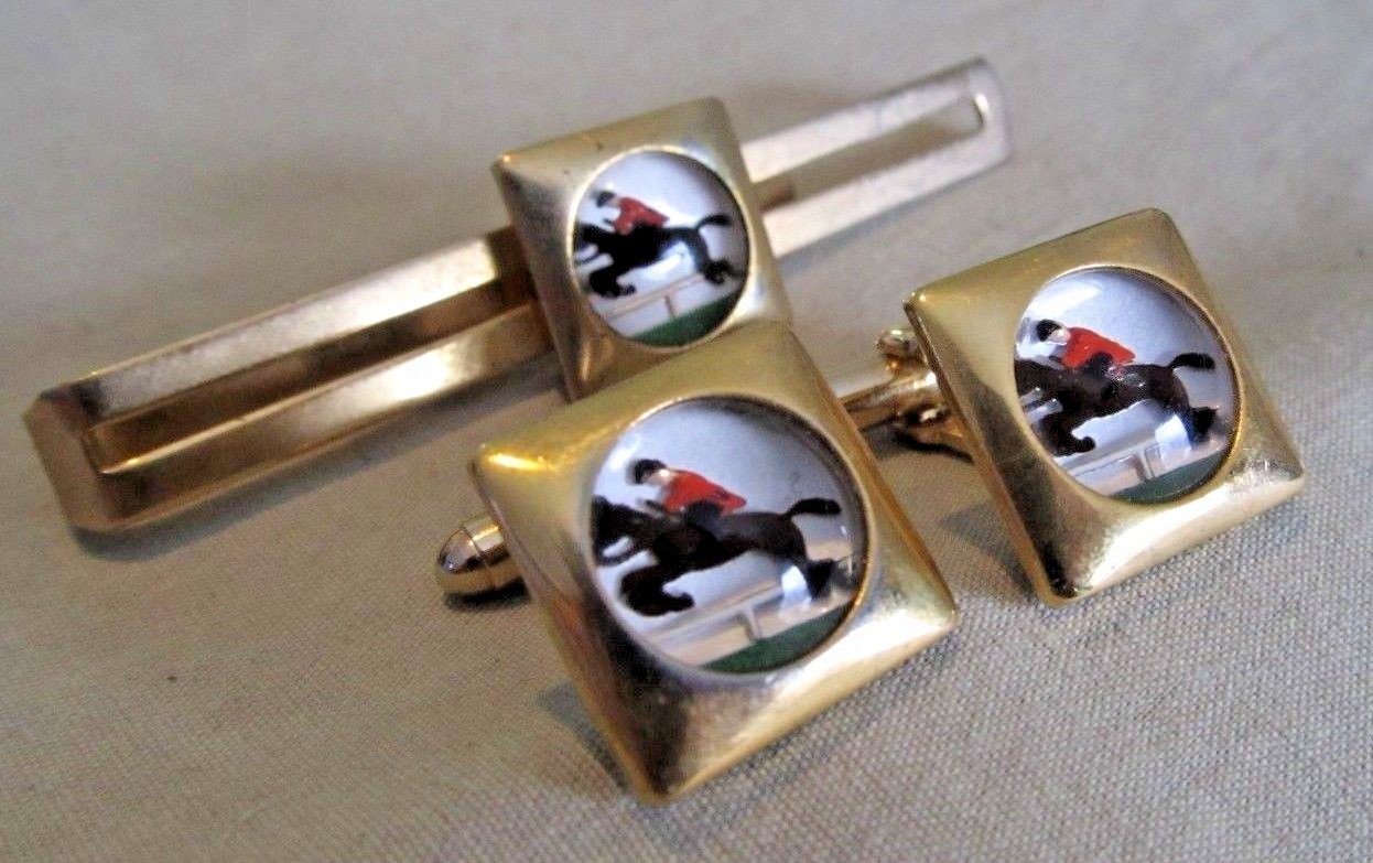 Mens Vintage JUMPING HORSE Reverse Glass CUFFLINKS Co… Gem
