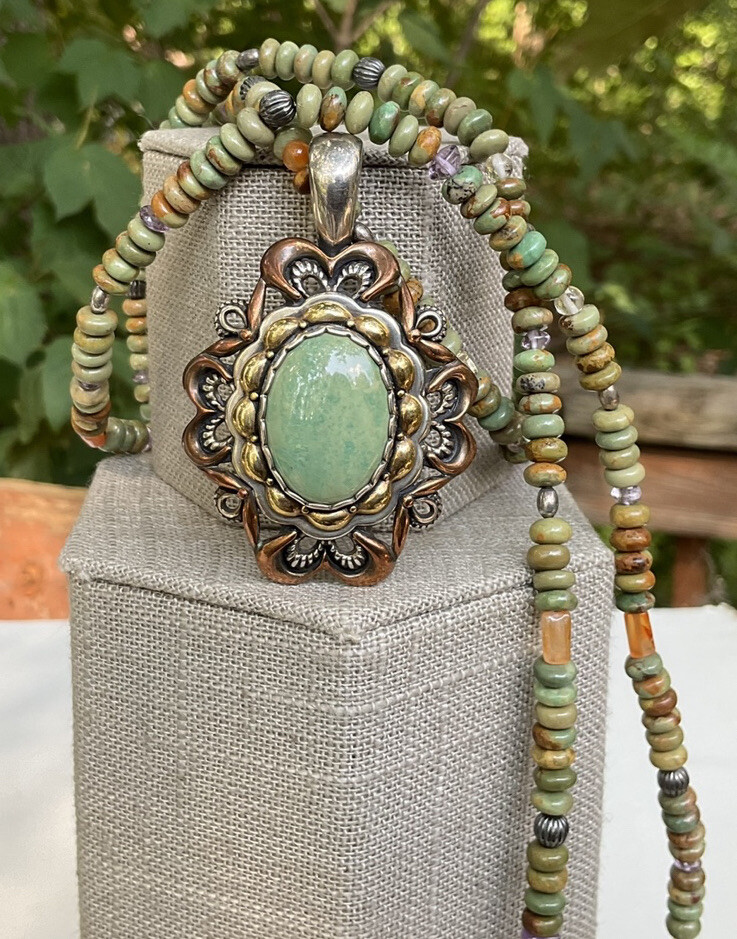 Carolyn Pollack Sterling Copper Brass Green Stone Large Pendant