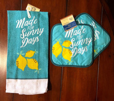 Kitchen Towel Pot Holders Lemons 3 pc Set Turquoise Made For Sunny Days