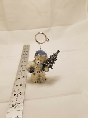 WINTER BEAR FIGURINE BLUE AND WHITE HOLDS MEMOS OR PHOTOS