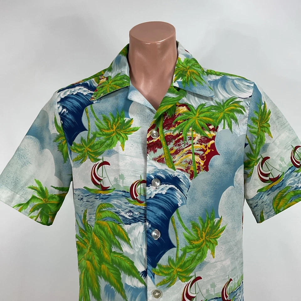 CAMISA HAWAIANA VINTAGE AÑOS 70 SEARS KINGS ROAD talla L Ocean Palm Trees RARA Foto 3 de 4
