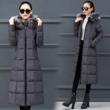 Women Puffer Coat Long Jacket Hooded Faux Fur Collar Padded Coat Elegant Black