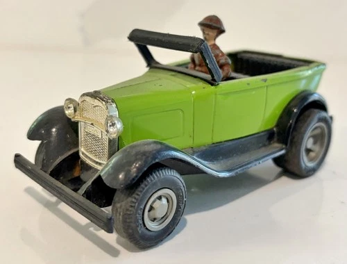 VINTAGE 4 INCH TONKA SHEET METAL LIME GREEN JALOPY CAR WITH ADDED METAL DRIVER