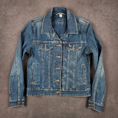 Levis Denim Trucker Jacket Womens Medium Blue Long Sleeve Button Up Stretch