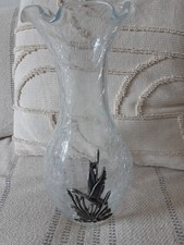 ANCIEN VASE - Décor en verre craquelé et cigogne en étain