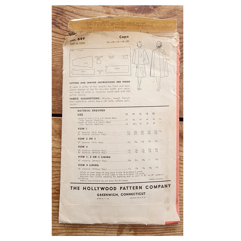 Vintage 1940s Sewing Pattern ORIGINAL: Cape Short Long Hollywood Patterns 649 - Image 2 of 4
