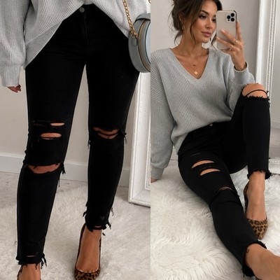 Eunina Black Distressed High Waist Frayed Skinny Crop Denim Jeans 7/28