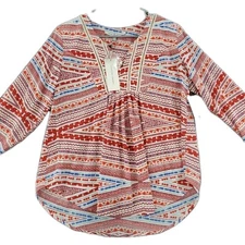 Collective Concepts Women's S Top Tunic Red Boho V-Neck Pullover Sheer Hipster