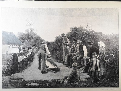 Large wood engraving from 1890. The bowling game. -: