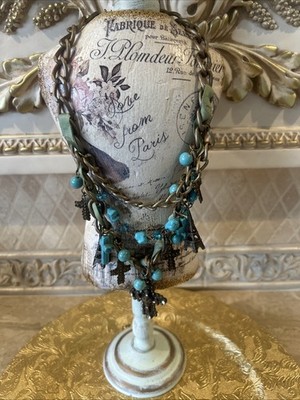 NWT Layered Turquoise Bronze Cross 30  Necklace and Earrings Western Set