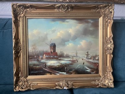 Fabelhafte Vintage Öl auf Bord Holländische Eislauf Dorf Szene, signiert 