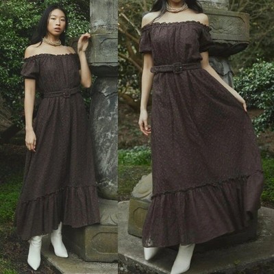 Eddy Luna Dress Chocolate Martini Brown Embroidered Floral Off Shoulder Maxi XS