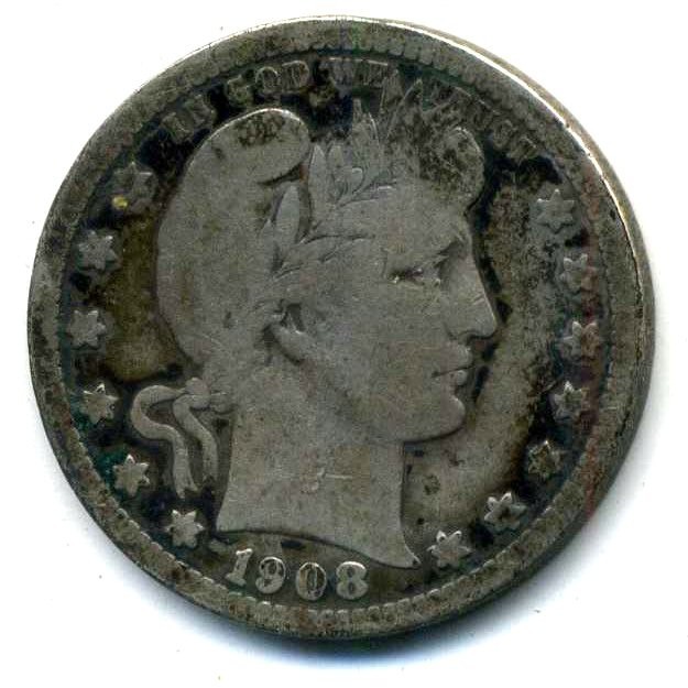 1908 D BARBER Quarter 90% Silver 25 cent EARLY RARE NICE American COIN #8609