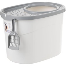 IRIS USA Cat Litter Box, Large Top Entry with Catching Lid  Scoop, White/Gray
