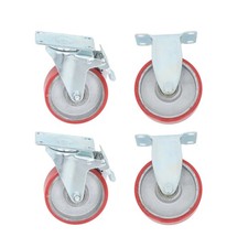 Four 4-inch red polyurethane galvanized casters two with brakes two without
