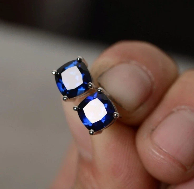Ceylon Blue sapphire S925 Silver Unisex Women Men’s Stud Earrings 4MM Gifts us - Image 2 of 4