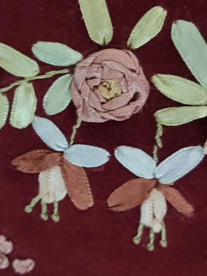 Velvet Pillow  Vtg No Tassels Embroidered Floral Wreath Burgundy Duck Feather - Image 3 of 4