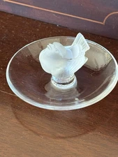 Lalique France Frosted Crystal Sparrow Bird Ring Holder Trinket  Dish 3.5” As Is