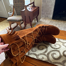 Minnetonka 1422 Brown Suede Knee High Boots Fringe Lace-Up Round Toe AU 7