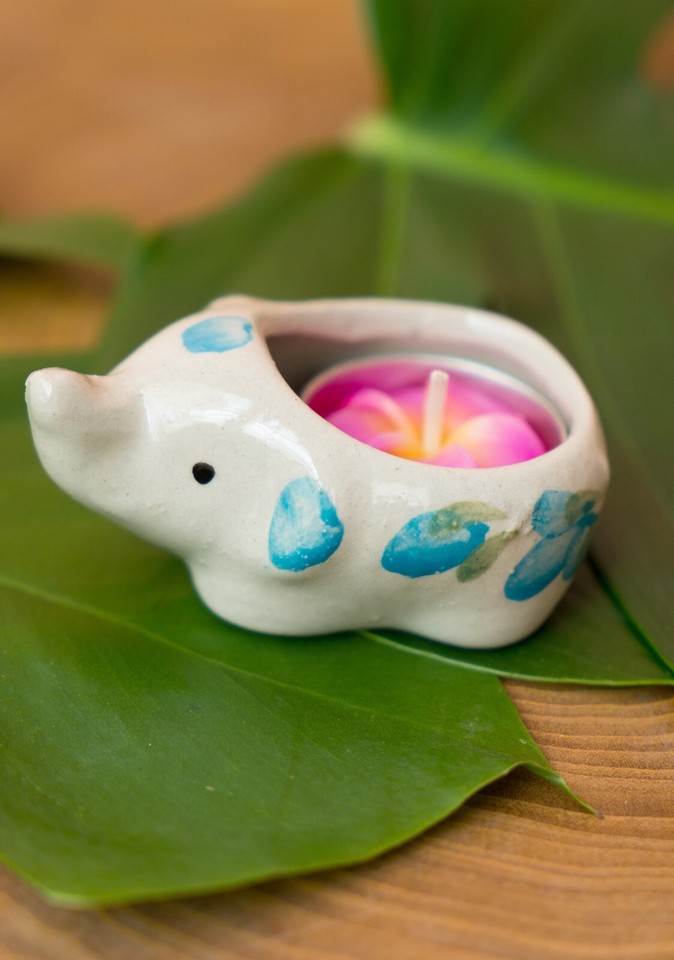 Floral Tea Light Candle, Elephant Holder, Ceramic Tea light Holder
