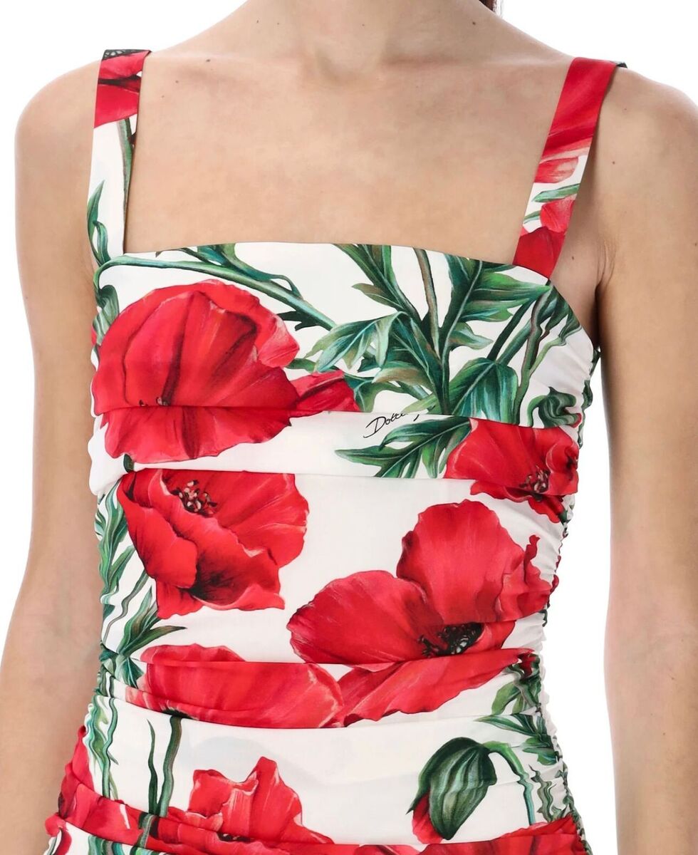 DOLCE & GABBANA Dress White Red Floral Cotton Mini Ruched DOLCE & GABBANA Dress White Red Floral Cotton Mini Ruched