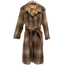 Mg Kinsler Brown Plaid Long Wool Coat Fitted Raglan Belt 1970's Womens Med Used
