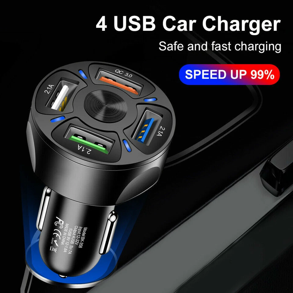 12-24V Fast 7A QC3.0  4 USB Port Car Charger Cigarette Lighter Socket Adapter - Image 3 of 4