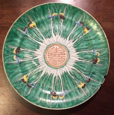 Antique 19th c. Chinese Export Porcelain Plate Green Cabbage Leaf Butterfly Gilt