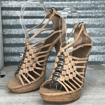 B Makowsky Anna Size 6 Sandal Taupe Leather Weave Platform Shoe Zip Heel