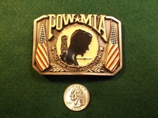 EXCELLENT MENS PEWTER  ACRYLIC BELT BUCKLE - POW-MIA, "YOU ARE NOT FORGOTTEN"
