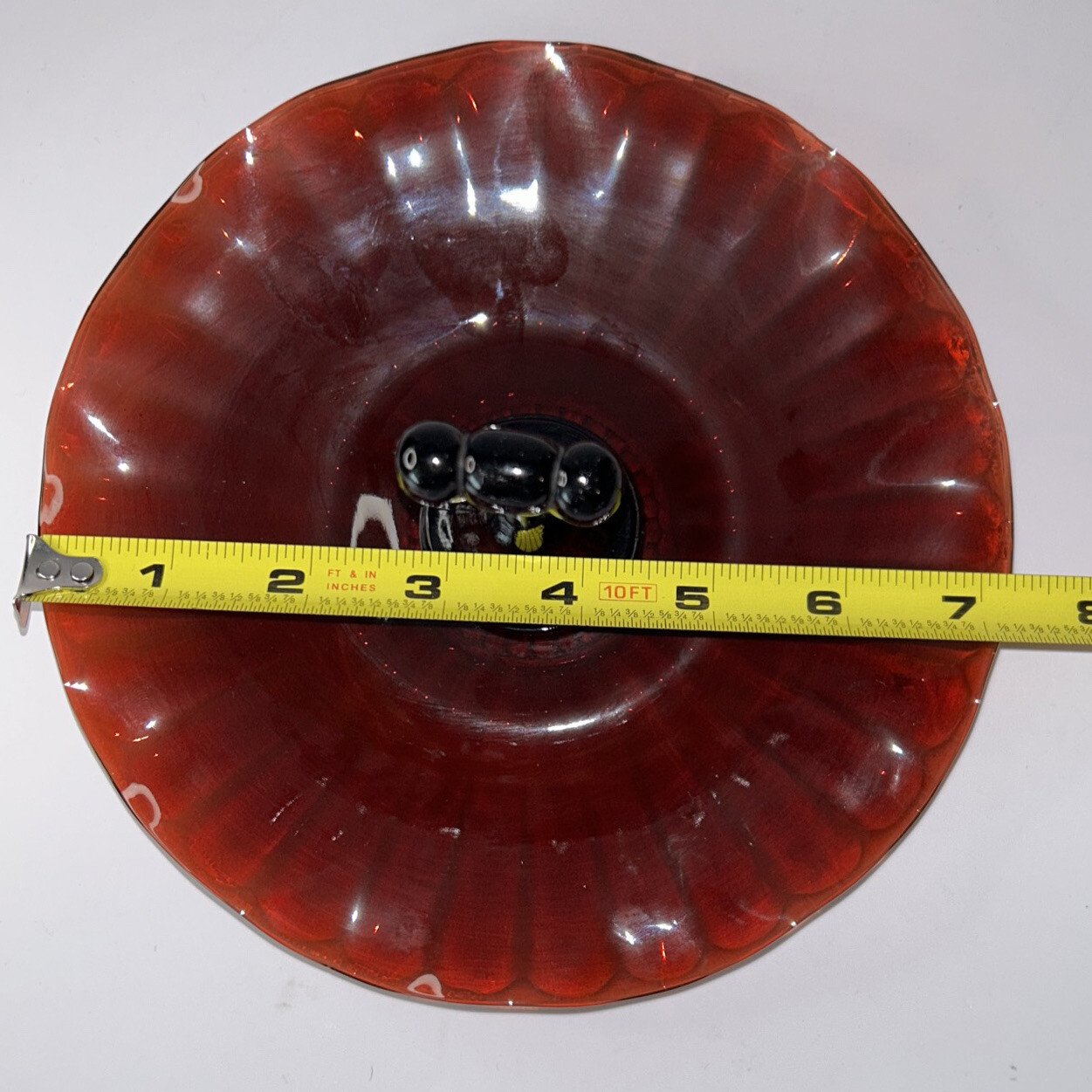 Red. Amberina Glass Tidbit Tray. Ruffled. Handled. Dish. Plate. Candy. MCM 7”