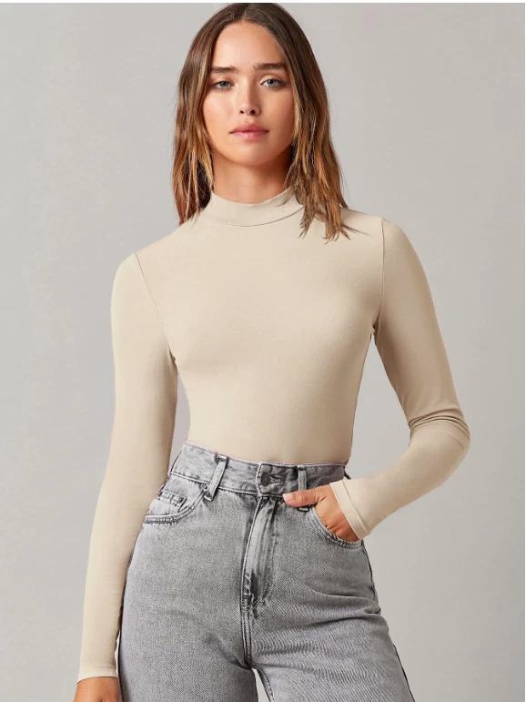 Apricot BASICS Mock Neck Solid Crop Tee Top Sz XS S M L