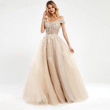 Off The Shoulder Lace Evening Dresses Champange A-Line Sleeveles Prom Gown