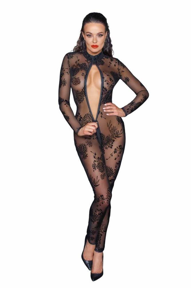 CATSUIT TUTINA SEXY NERA PER DONNA CON CERNIERA CENTRALE TRASPARENTE TAGLIA M