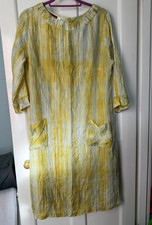 BIANCO LEVRIN Italian Designer Pure Silk Dress Yellow & Cream Pockets Lined XL