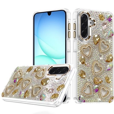 For Samsung A17 5G Case Full Bling Hearts 3D Jewel Ornaments + Tempered Glass