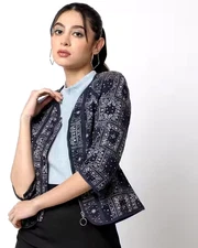 Mark & Spencer Size 6 NEW Navy Bandana Print Jacket 3/4 Sleeve Peplum Western