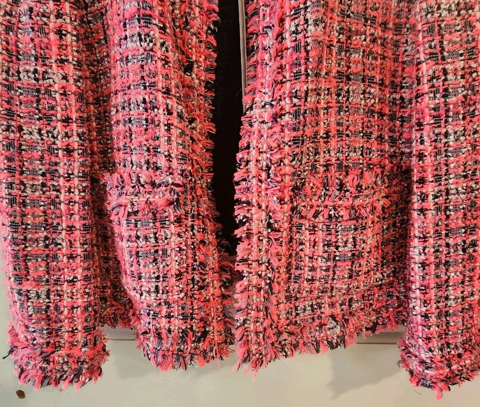 KATE SPADE NEW YORK MULTI TWEED OPEN JACKET WOMENS SIZE 12 HOT PINK POCKETS STUD - Image 3 of 4