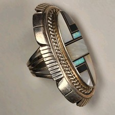 Vintage Navajo ring MOP size 8 sterling silver 33g - Signed LLL - Abalone 2" Lng