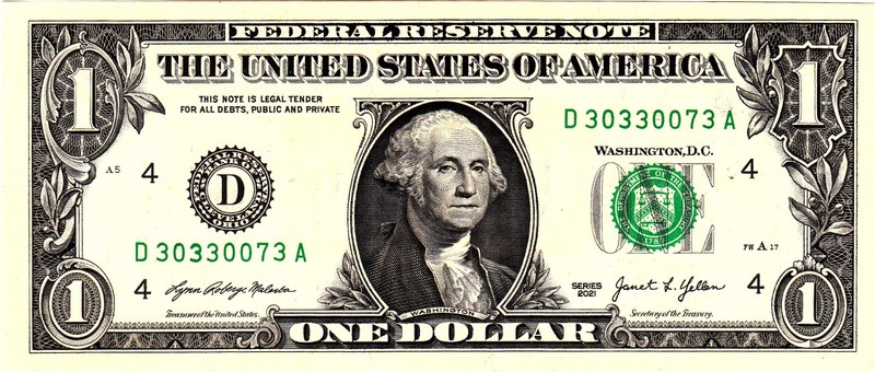 $1 2021 Fancy Serial  Uncirulated CU D30330073A