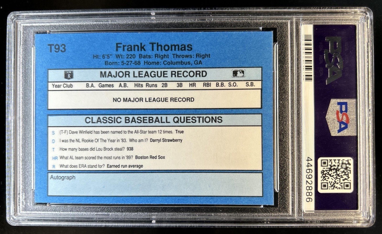 1990 Classic Yellow Frank Thomas Rookie RC #T93 White Sox PSA 10 GEM MINT view 2