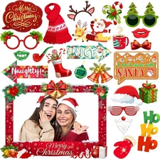 Christmas Photo Booth Props Kit, 24Pcs Fun Photo Props & Selfie Frame for Christ