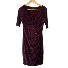 Lauren Ralph Lauren Dress Black Pink Printed Career Stretch Ruched Faux Wrap  6
