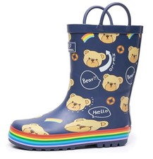 Toddler Rain Boots with Easy-On Handles, Waterproof Kids 1 Big Kid Blue Bear