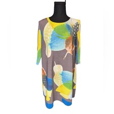 Colorful Abstract Print Pleated Tunic Dress Oversized Stretchy Artsy Vibes B03