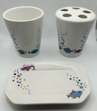 Bathroom Accessories Set 3 Pieces Fish Bubble Theme Porcelain Marked M (z306)