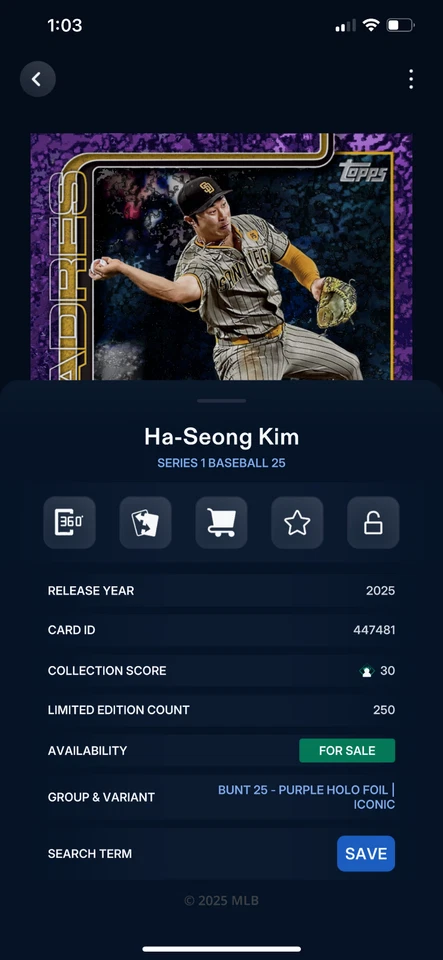 DIGITAL Topps Bunt Series 1 Baseball 25 Ha-Seong Kim Purple Holo Foil 250cc - Image 2 of 2